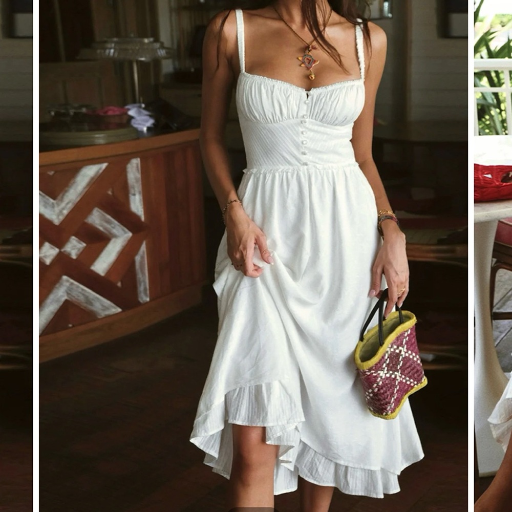 Commense White Ruffle Hem Cami Plain Midi Dress